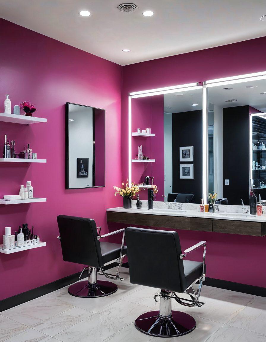 A modern beauty salon interior, showcasing sleek design elements, vibrant colors, and innovative beauty tools. Include a stylist demonstrating a cutting-edge beauty treatment on a client, surrounded by chic decor and digital displays highlighting contemporary design solutions. The atmosphere should evoke luxury and creativity. super-realistic. vibrant colors. 3D.