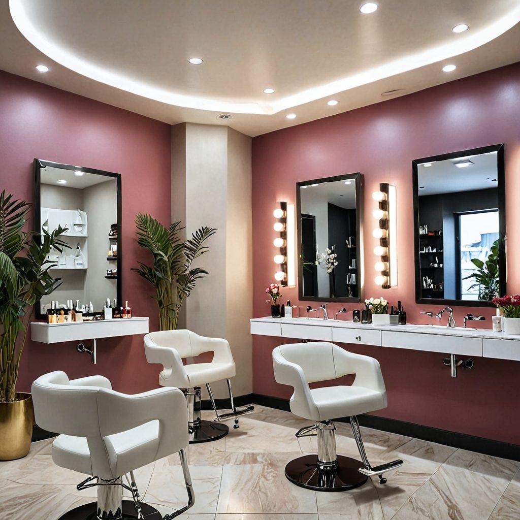 A beautifully arranged, modern beauty salon featuring elegant aesthetic designs with vibrant colors. Showcase professional beauty tools like makeup brushes and skincare products, along with a chic decor that inspires creativity. Include a welcoming atmosphere with soft lighting and floral elements. Display hints of tips in artistic lettering on the walls. super-realistic. vibrant colors. elegant design.